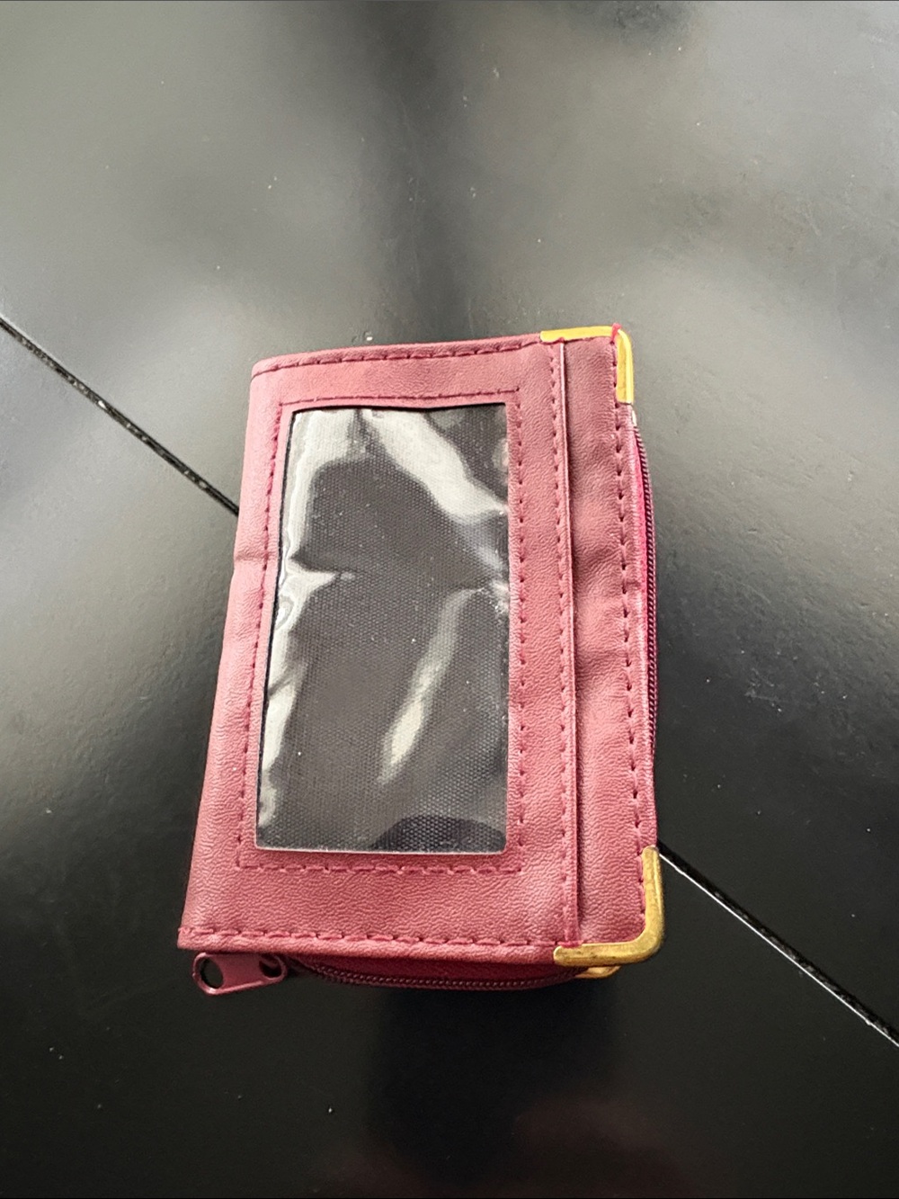 maroon Compact Zipper Wallet with Gold Corner Accents